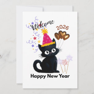 Festiva Feliz Año Nuevo 2026 Tarjeta de Gato Negro