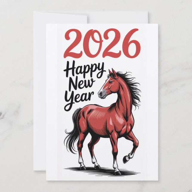 Festiva Feliz Año Nuevo 2026 Tarjeta Ilustracion de Caball (Anverso)