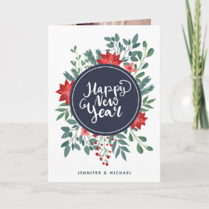 Festiva Feliz Año Nuevo Floral   Tarjeta de vacaciones con