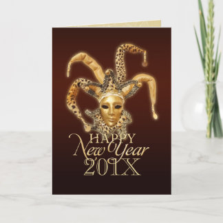 Festiva Feliz Año Nuevo Jester tarjeta de máscara venecian