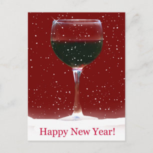 Festiva Feliz Año Nuevo: Postal de Vino Rojo y Nieve