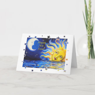 Festiva Feliz Año Nuevo tarjeta de cara celestial de Sun y