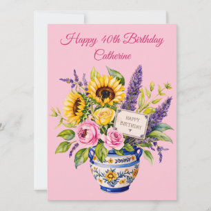 Festiva Feliz cumpleaños 40. Acuarelas. Tarjeta de felicit