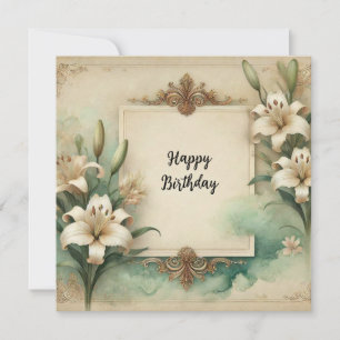 Festiva feliz cumpleaños lirios y adornos tarjeta