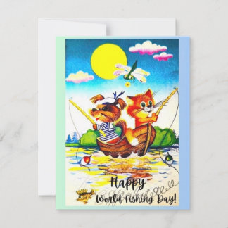 Festiva Feliz Día Mundial de la Pesca Tarjeta de Vintage