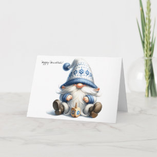 Festiva Feliz Gnome judío Hanukkah con tarjeta Dreidel