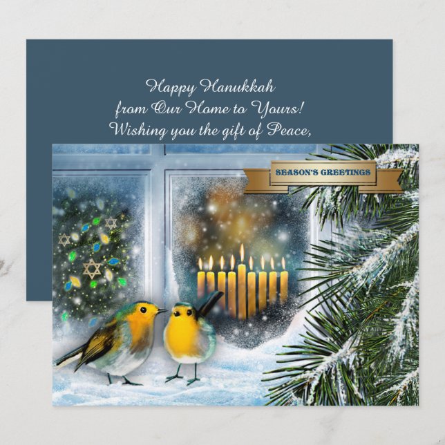 Festiva Feliz Hanukkah. Escena de nieve con tarjeta Menora (Anverso / Reverso)