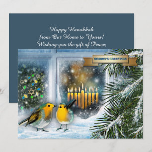 Festiva Feliz Hanukkah. Escena de nieve con tarjeta Menora
