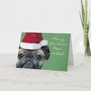 Festiva Feliz Navidad, mamá y papá Pug tarjeta de bienveni
