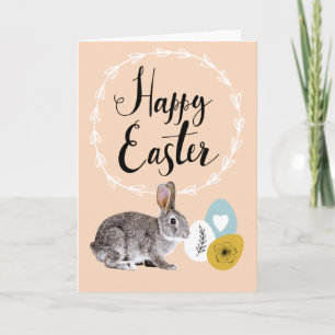 Festiva Feliz Pascua. Bunny con tarjeta de felicitación de