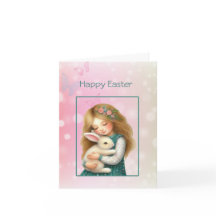 Feliz Pascua con tarjeta de niña linda y conejo