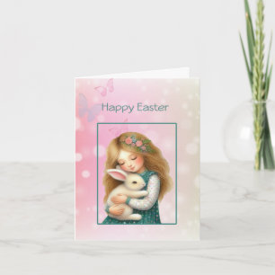 Festiva Feliz Pascua con tarjeta de niña linda y conejo