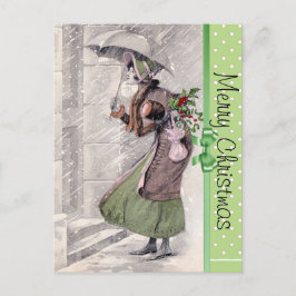 Festiva Feliz postal navideña con una dama de la época de