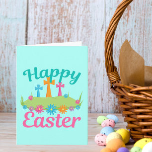Festiva Feliz tarjeta de flores de Pascua Cruz religiosa