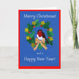 Festiva Feliz tarjeta de Navidad, Robin, Holly, Ivy Wreath