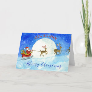 Festiva Feliz tarjeta navideña con Santa en su Sleigh
