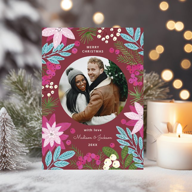 Festiva Festividad brillante tarjeta de vacaciones para Na (Festive Bright Burgundy Christmas Holiday Card)