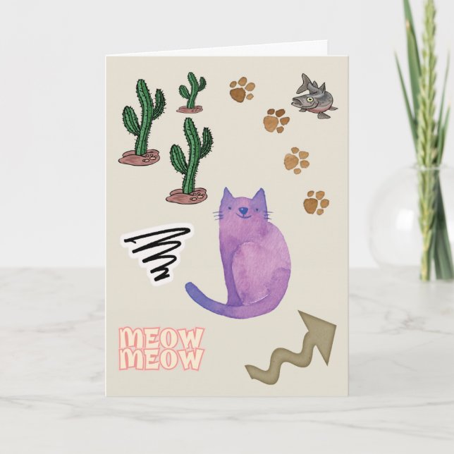 Festiva Fish Cactus Paws Meow Tarjeta De Saludo (Anverso)