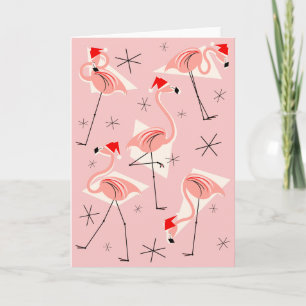 Festiva Flamingo Santas Retrato de tarjeta de saludo rosa