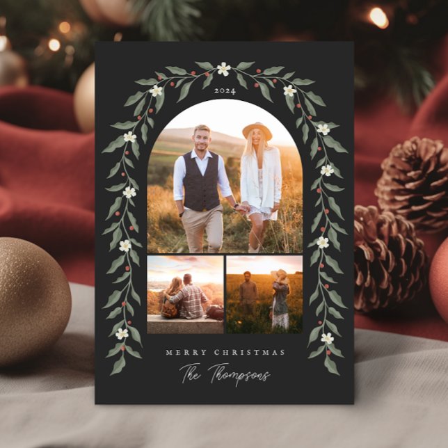 Festiva Floral Garland arquea 3 foto tarjeta de Navidades  (Floral Garland Arched 3 Photo Black Christmas Card)