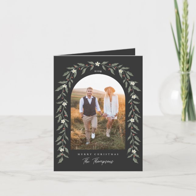 Festiva Floral Garland Arqueada foto tarjeta de Navidades  (Anverso)