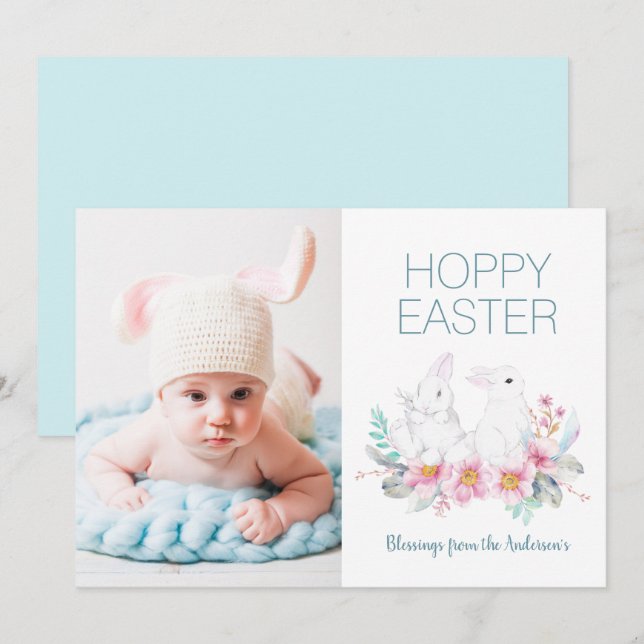 Festiva Floral Hoppy Easter Bunny 1 tarjeta de vacaciones  (Anverso / Reverso)
