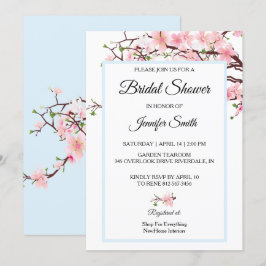 Festiva Flores de cerezo Ducha de novia Tarjeta azul rosa