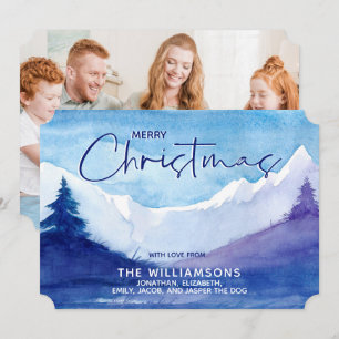 Festiva Foto Montañas Snowy Tarjeta navideña de Feliz Navi