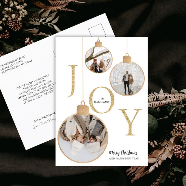 Festiva Fotos JOY Navidades blancos amordazan postal de va (Photos JOY White Christmas Bell Holiday Postcard)