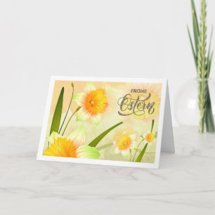 Festiva Frohe Ostern. Tarjeta de Pascua Daffodil en alemán