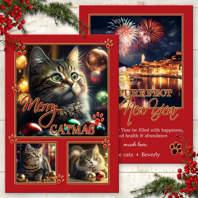 Festiva Fun Red Cat Photo Navidades Tarjeta de Año Nuevo (Fun red Catmas and New Year card with your photos or images of cats playing with Christmas balls)
