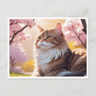 Festiva Gato bajo postal de árbol Sakura