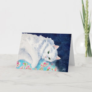 Festiva Gato blanco en tarjeta floral del edredón