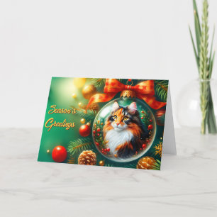 Festiva Gato de Calico en tarjeta de Navidades de ornament
