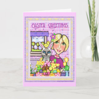 Festiva Gato de Pascua en cesta y tarjeta de la señora