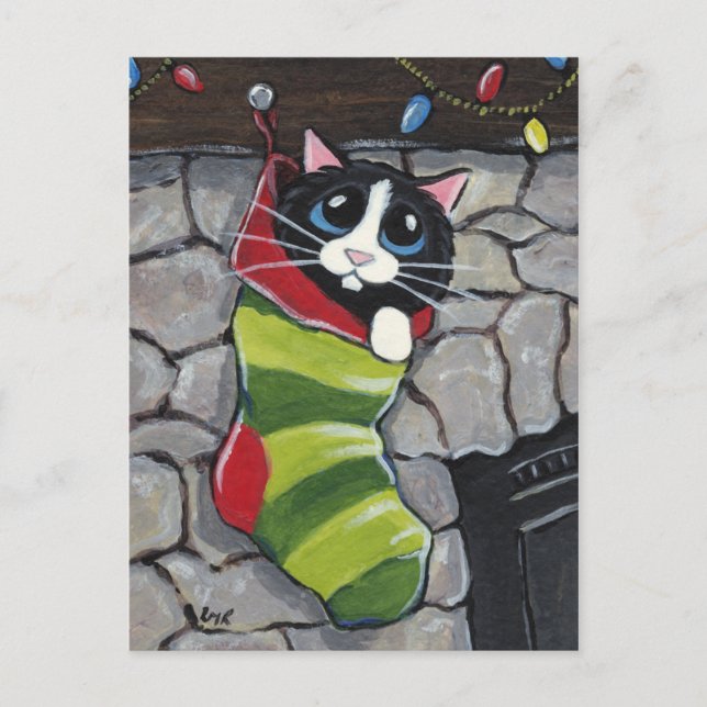 Festiva Gato de Tuxedo en una postal de arte para Navidade (Anverso)