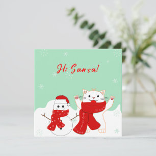Festiva Gato Feliz Con Muñeco de Nieve   Tarjeta Plana de 