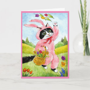 Festiva Gato lindo con flores en la tarjeta de traje de co
