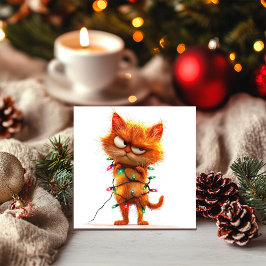Festiva Gato naranja descarado en luces navideñas tarjeta 