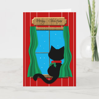 Festiva Gato negro en la ventana Nevado - tarjeta de
