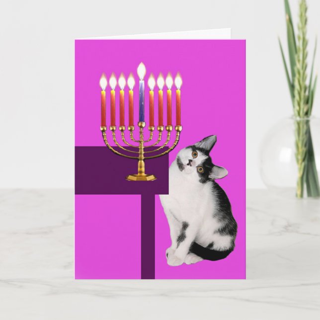 Festiva Gato y tarjeta rosados de Menorah Jánuca (Anverso)