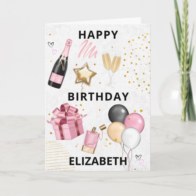 Festiva Globos de oro rosado Feliz cumpleaños tarjeta de v (Anverso)