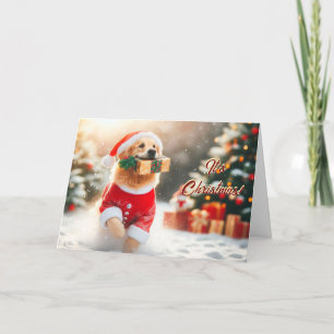 Festiva Golden Retriever corre con una tarjeta de Navidade