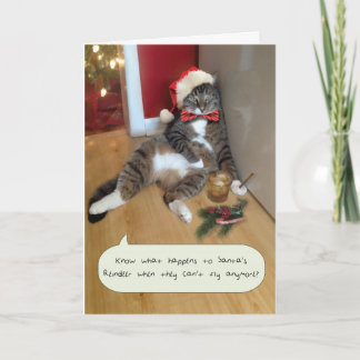 Festiva Graciosa tarjeta de gato navideño, reno de Santa