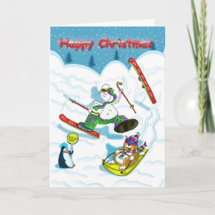 Festiva Graciosa tarjeta de Navidades de esquí, gato gordo