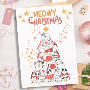 Festiva Graciosa tarjeta plegada de Navidades Meowy de árb