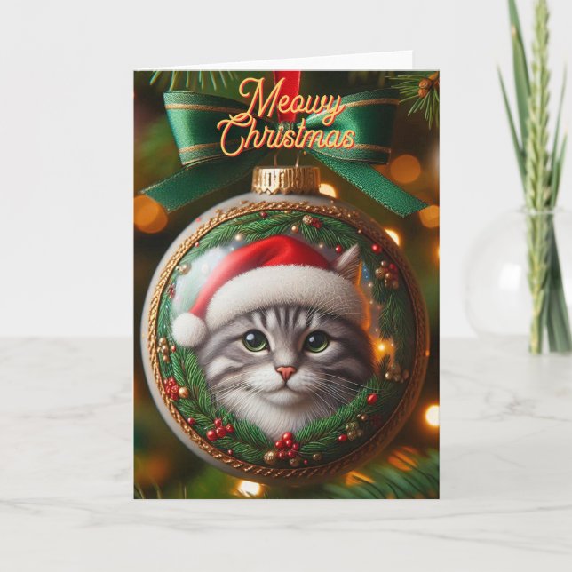 Festiva Gris Tabby Cat en tarjeta de Navidades de ornament (Anverso)