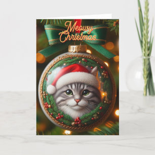 Festiva Gris Tabby Cat en tarjeta de Navidades de ornament