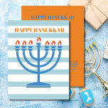 Festiva Hanukkah Menorah Tarjeta de felicitación azul mode<br><div class="desc">Cambia tus deseos de Hanukkah con este moderno diseño menorah a rayas. Con los colores tradicionales de temporada. El Menorah azul tiene llamas naranjas. Blues y naranjas. Hay espacio para tu mensaje de vacaciones en la parte posterior con la palabra "Amor y luz" que se puede borrar si no quieres...</div>