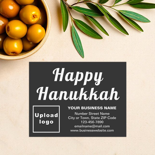 Festiva Hanukkah - Pequeña tarjeta de vacaciones plana en  (Business brand with Hanukkah greeting on black flat holiday card)
